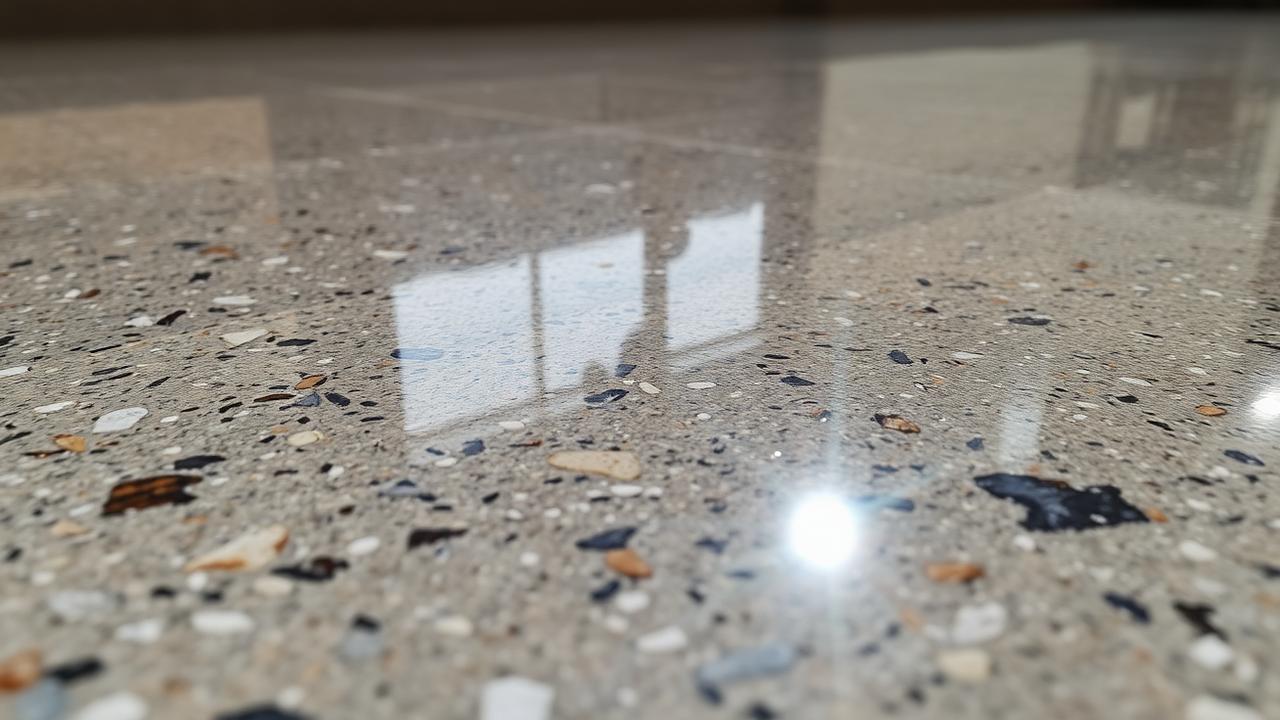 Detalhe macro de piso de concreto polido espelhado com agregados visíveis